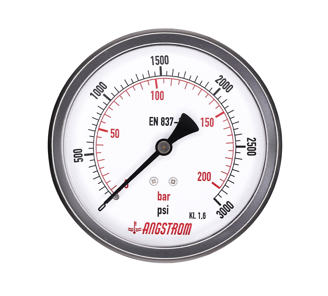 Angstrom pressure gauge, dial 100mm, center back mount, 3000psi