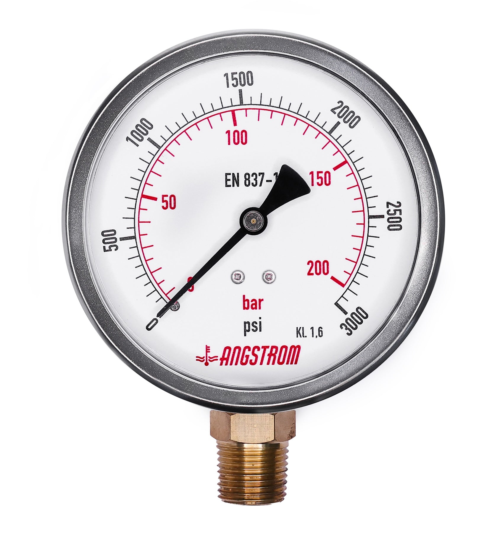 Angstrom pressure gauge, dial 100mm, lower mount, 3000 psi on a white background 