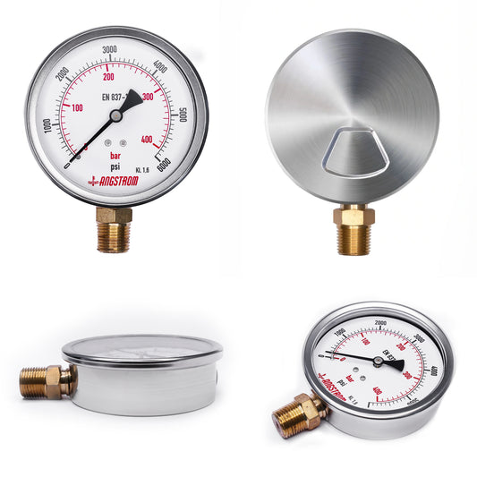 Angstrom pressure gauge, dial 100mm, lower mount, all sides view