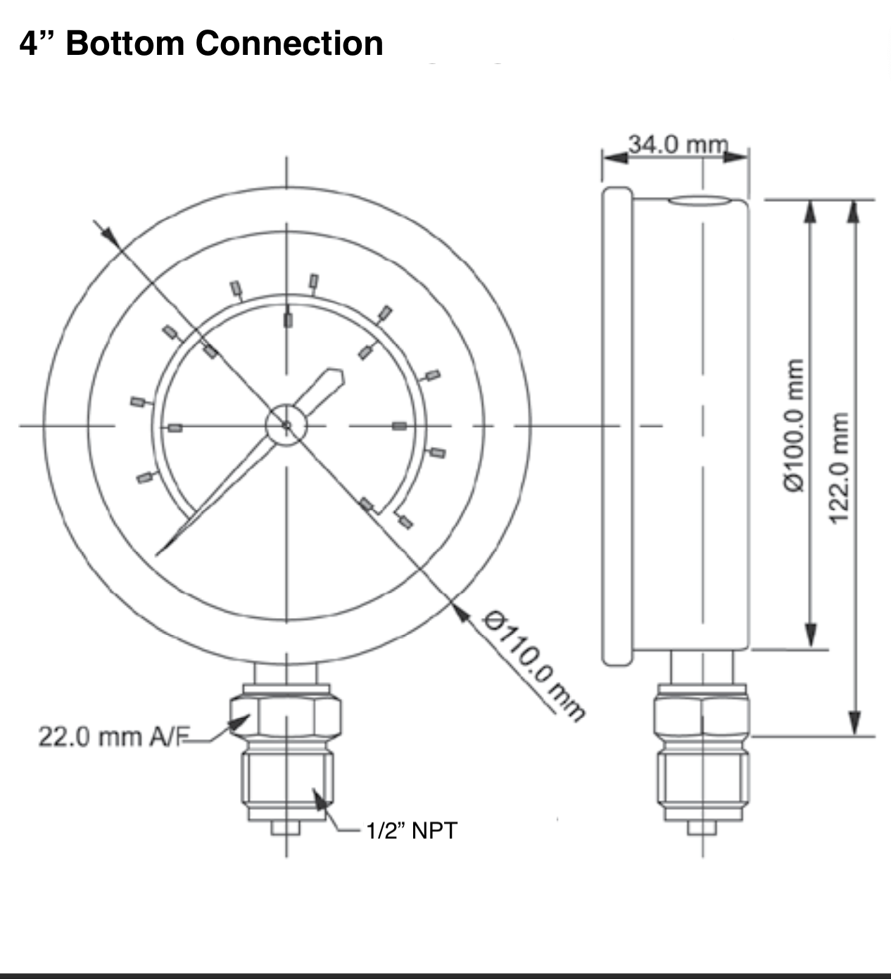 Angstrom pressure gauge, dial 100mm, lower mount, technical drawing 