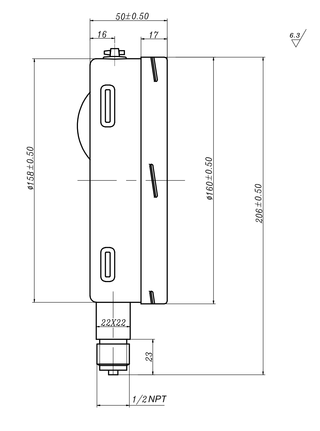 Angstrom pressure gauge, heavy duty, dial 160mm, lower mount, technical drawing.