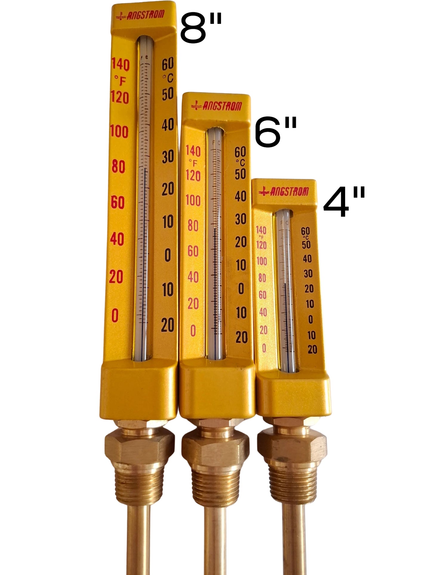 Angstrom v-shape thermometer, dial size comparison.