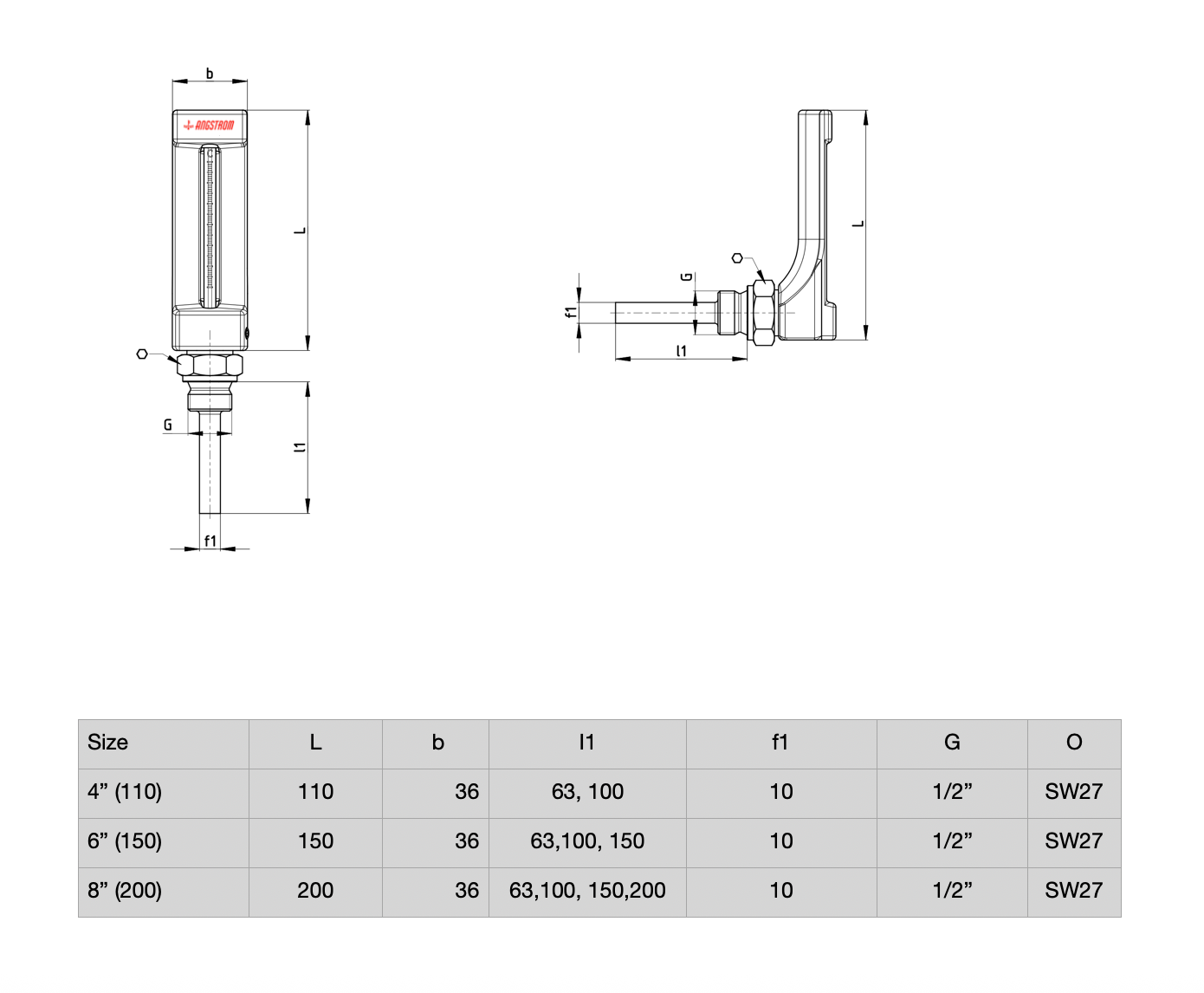 Angstrom v-shape thermometer, technical drawing