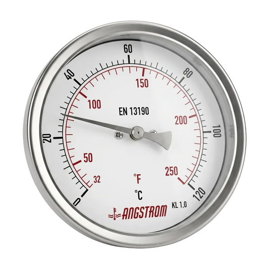 Angstrom bimetal thermometer adjustable angle 100 dial 0 to 120°C on white background 
