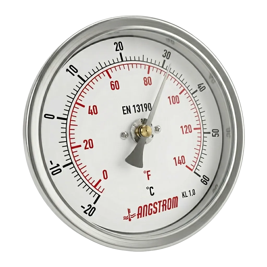 Angstrom bimetal thermometer adjustable angle 100 dial -20°C to +60°C on white background 