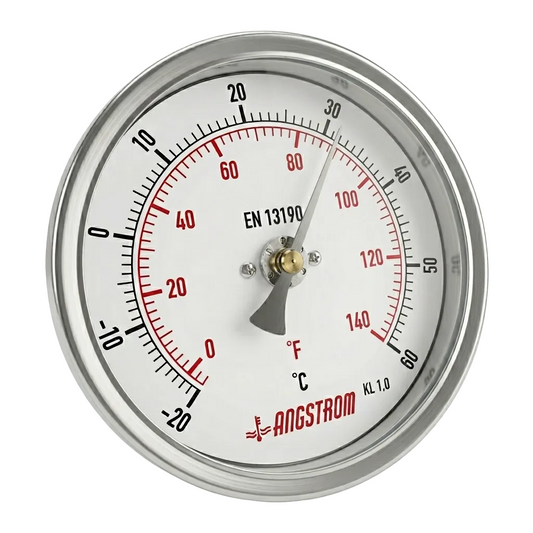 Angstrom bimetal thermometer adjustable angle 100 dial -20°C to +60°C on white background 