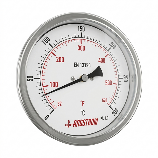 Angstrom bimetal thermometer adjustable angle 100 dial 0 to 300°C on white background 