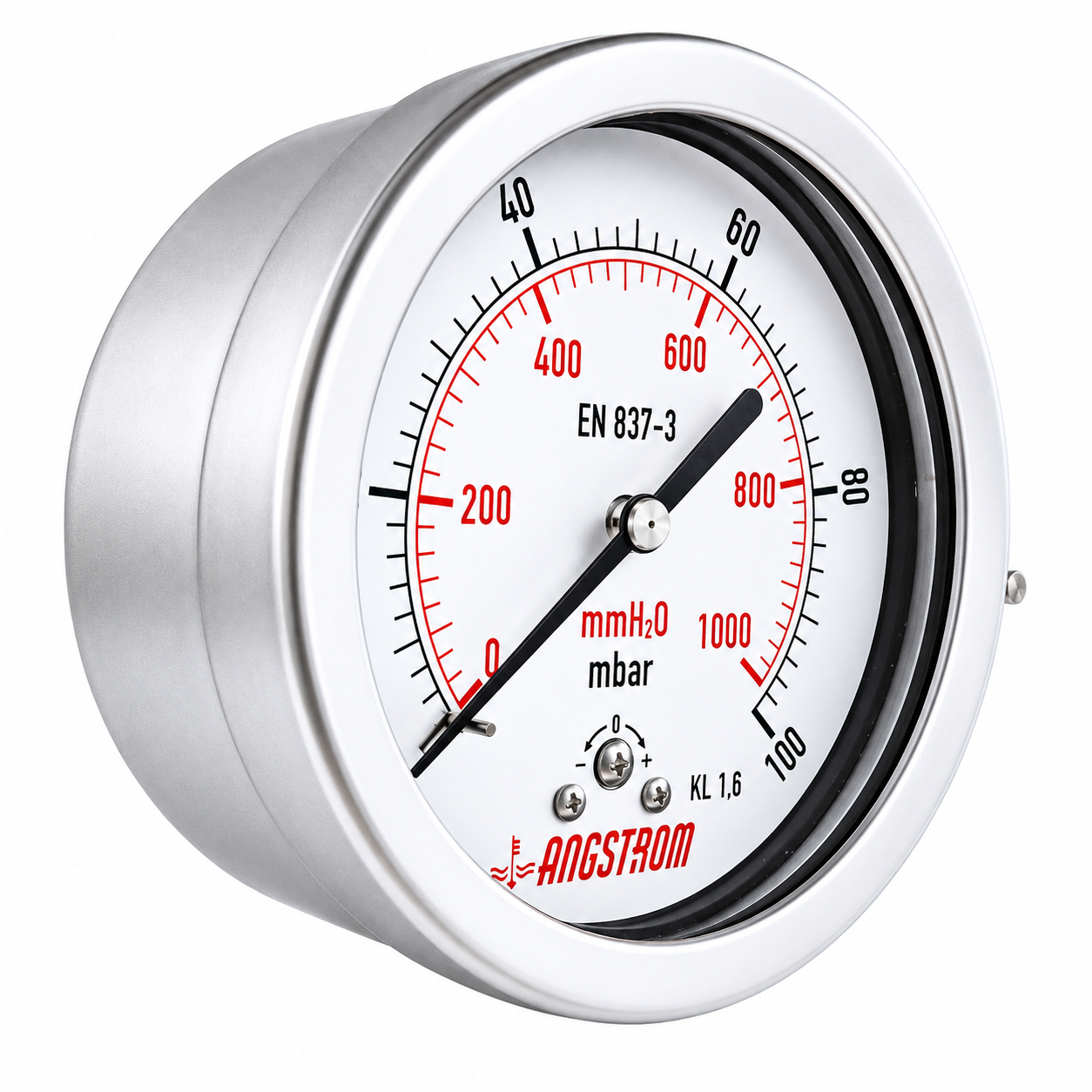 Angstrom Capsule Pressure Gauge Dial 100mm Pressure 100mbar center back mount on white background