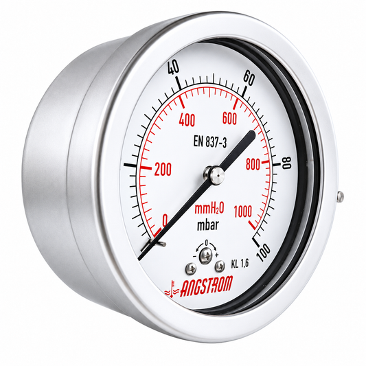 Angstrom Capsule Pressure Gauge Dial 100mm Pressure 100mbar center back mount on white background