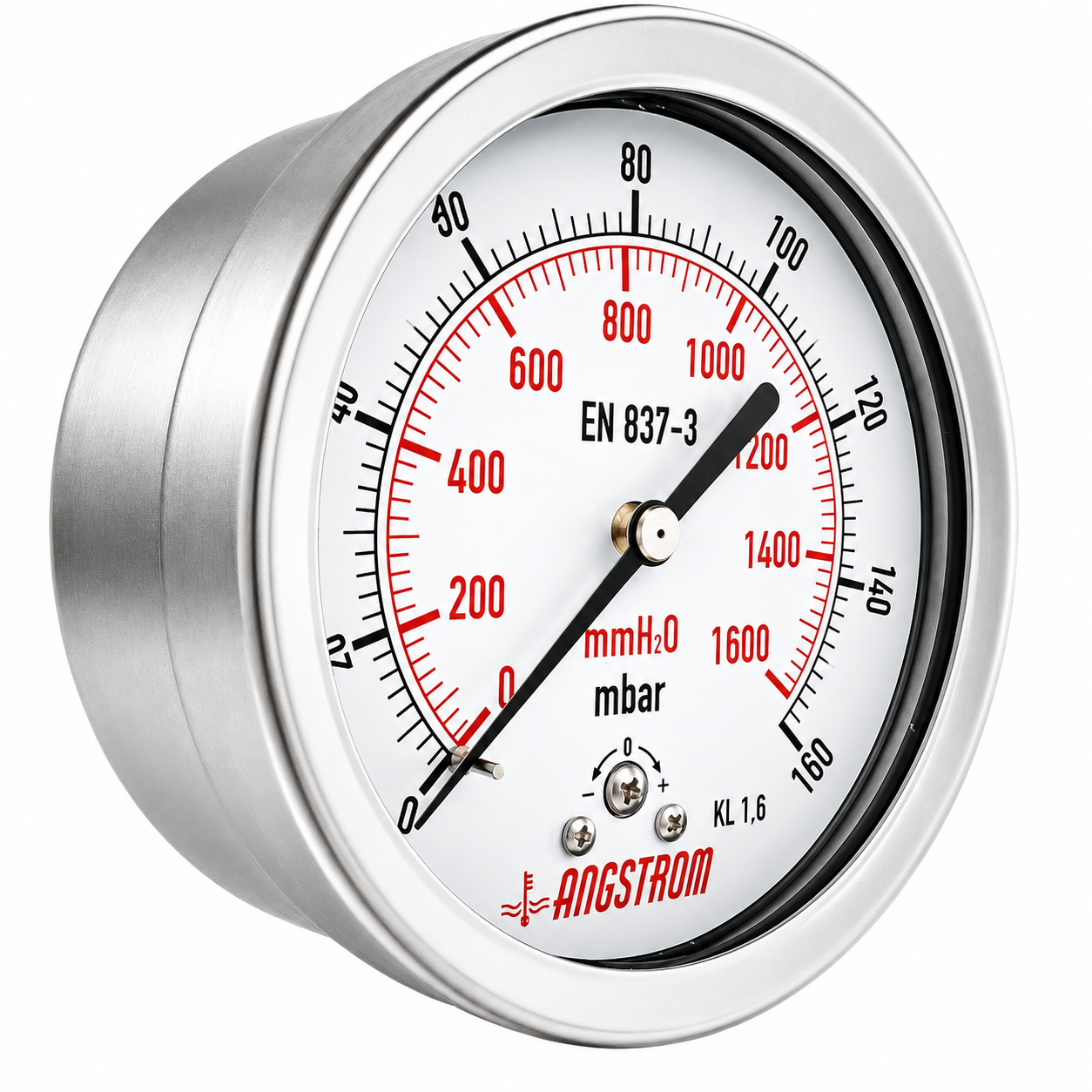 Angstrom Capsule Pressure Gauge Dial 100mm Pressure 160mbar center back mount on white background