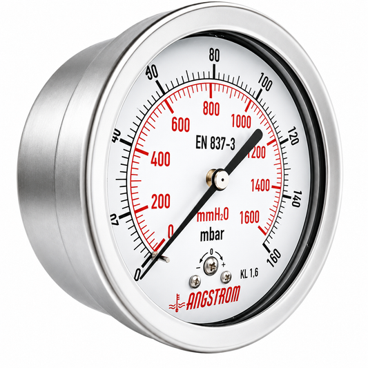 Angstrom Capsule Pressure Gauge Dial 100mm Pressure 160mbar center back mount on white background