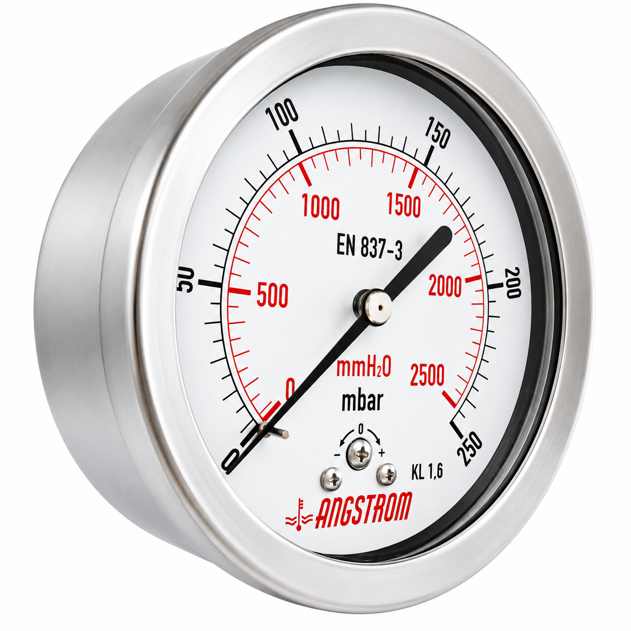 Angstrom Capsule Pressure Gauge Dial 100mm Pressure 250mbar center back mount on white background
