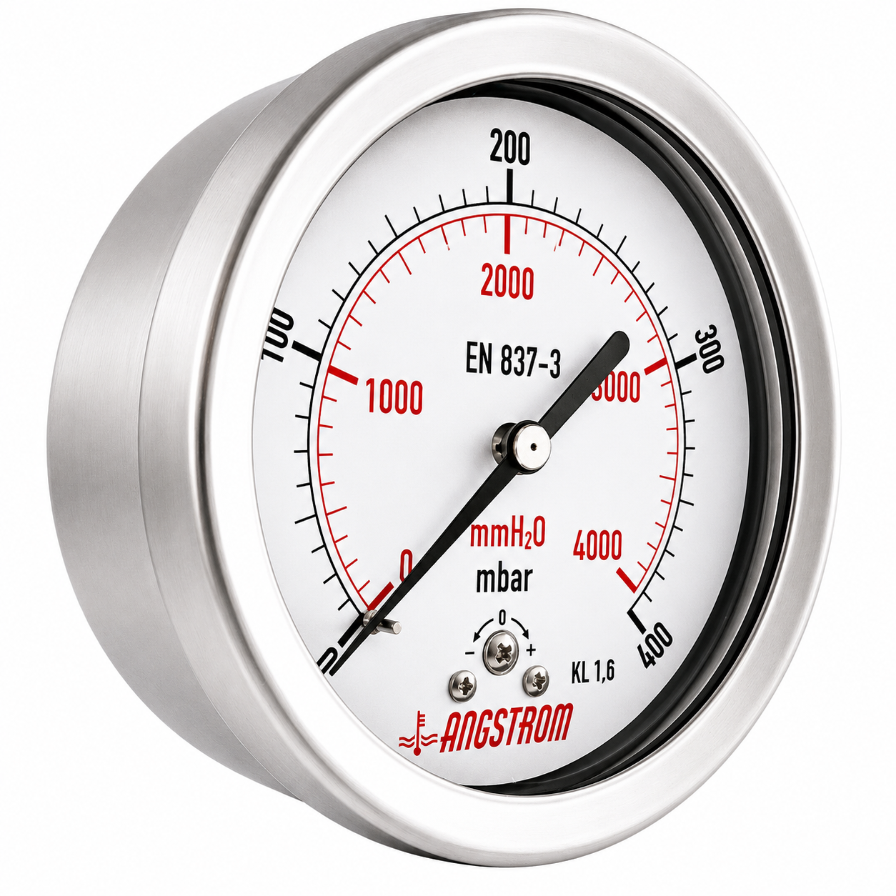 Angstrom Capsule Pressure Gauge Dial 100mm Pressure 400mbar center back mount on white background