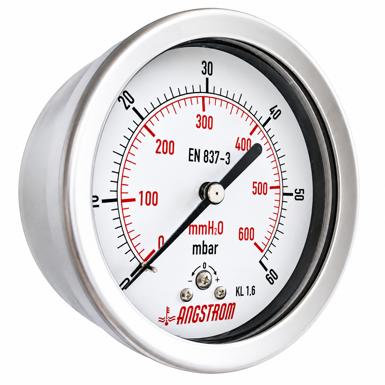 Angstrom Capsule Pressure Gauge Dial 100mm Pressure 60mbar center back mount on white background