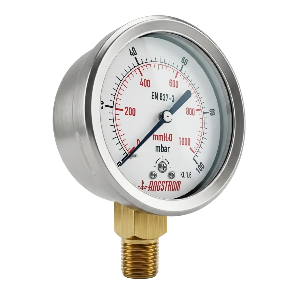 Angstrom Capsule Pressure Gauge dial 100mm pressure range 0 to 100mbar on white background
