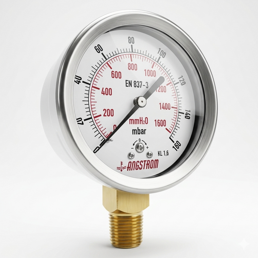 Angstrom Capsule Pressure Gauge dial 100mm pressure range 0 to 160mbar on white background