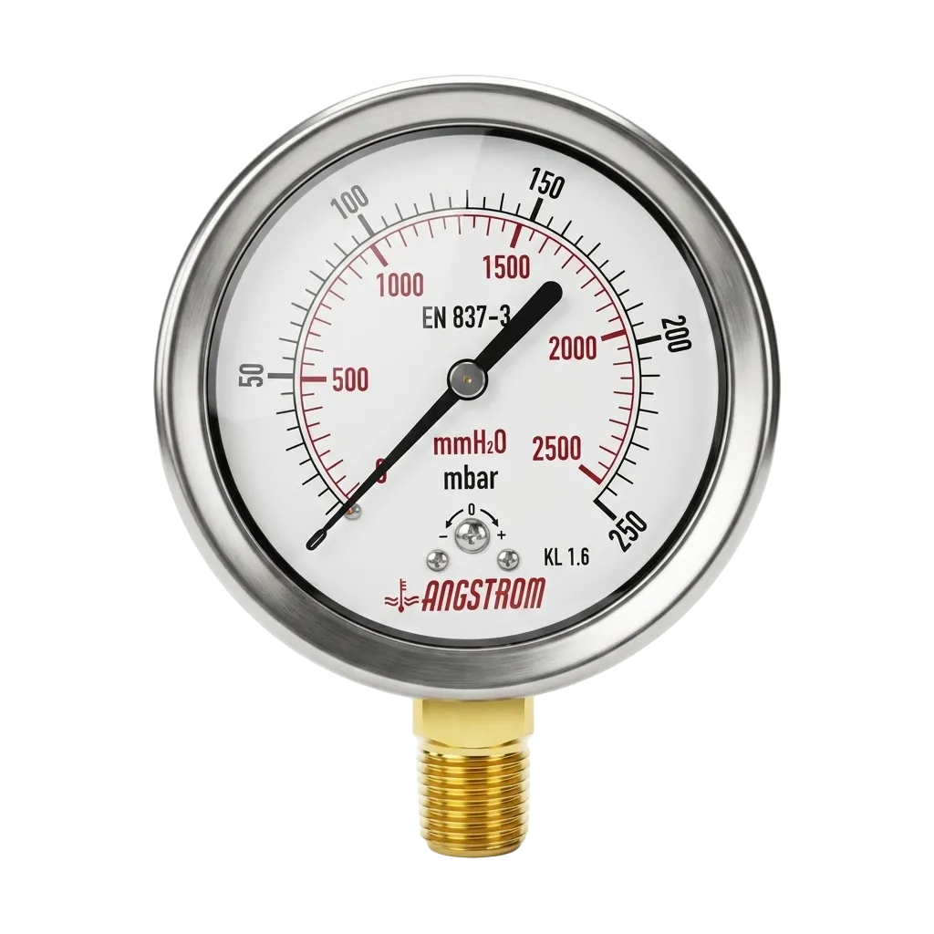 Angstrom Capsule Pressure Gauge dial 100mm pressure range 0 to 250mbar on white background