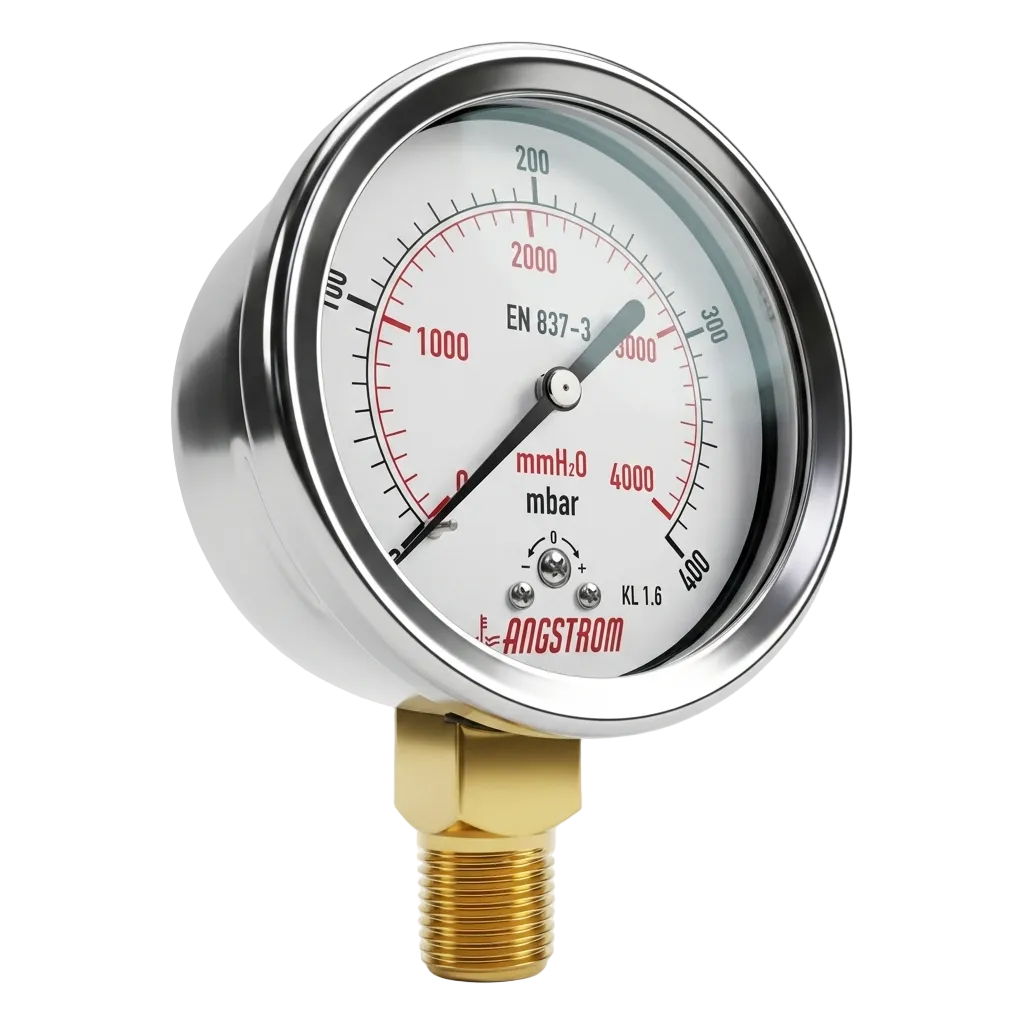 Angstrom Capsule Pressure Gauge dial 100mm pressure range 0 to 400mbar on white background