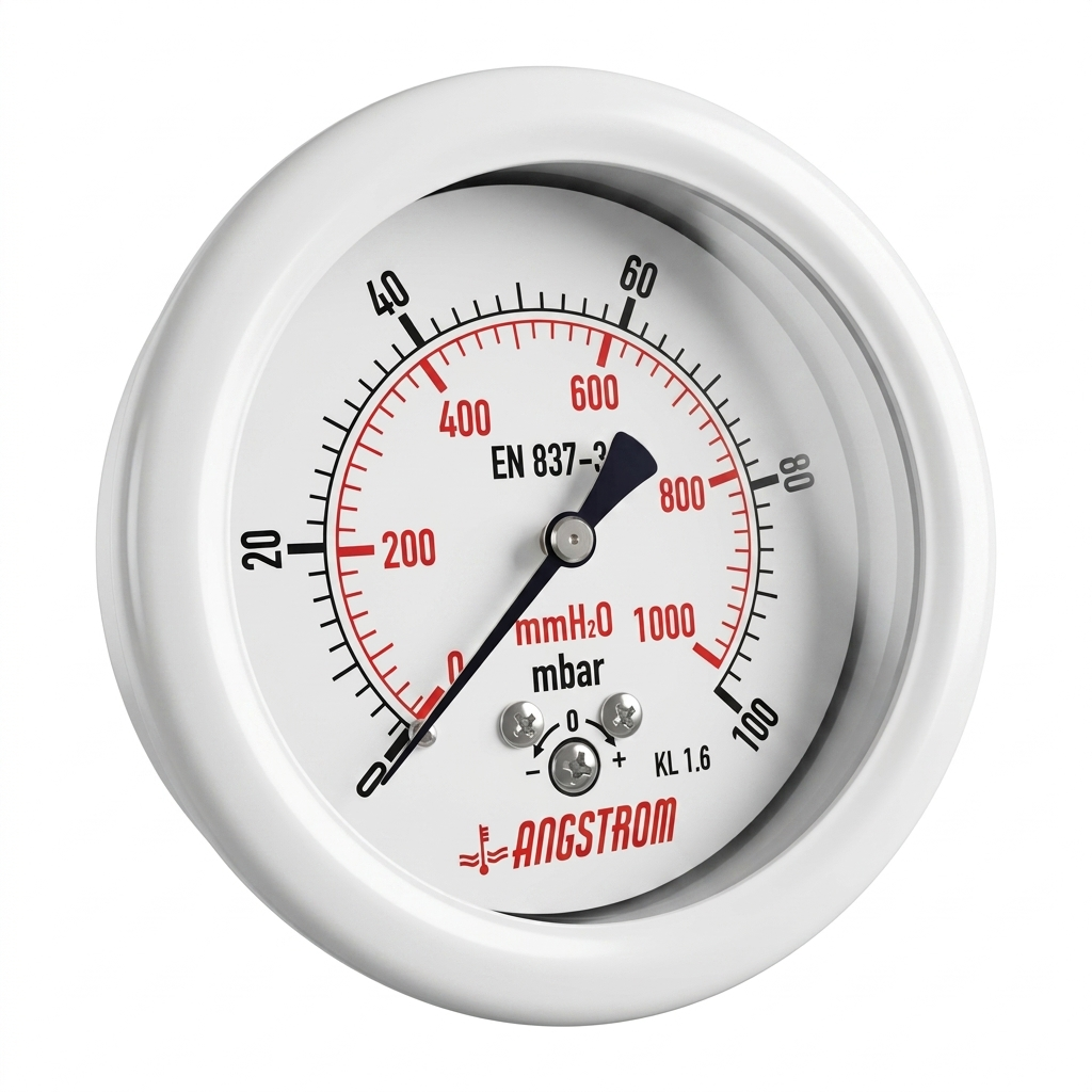 Angstrom Capsule Pressure Gauge Dial 63mm Pressure 100mbar center back mount on white background
