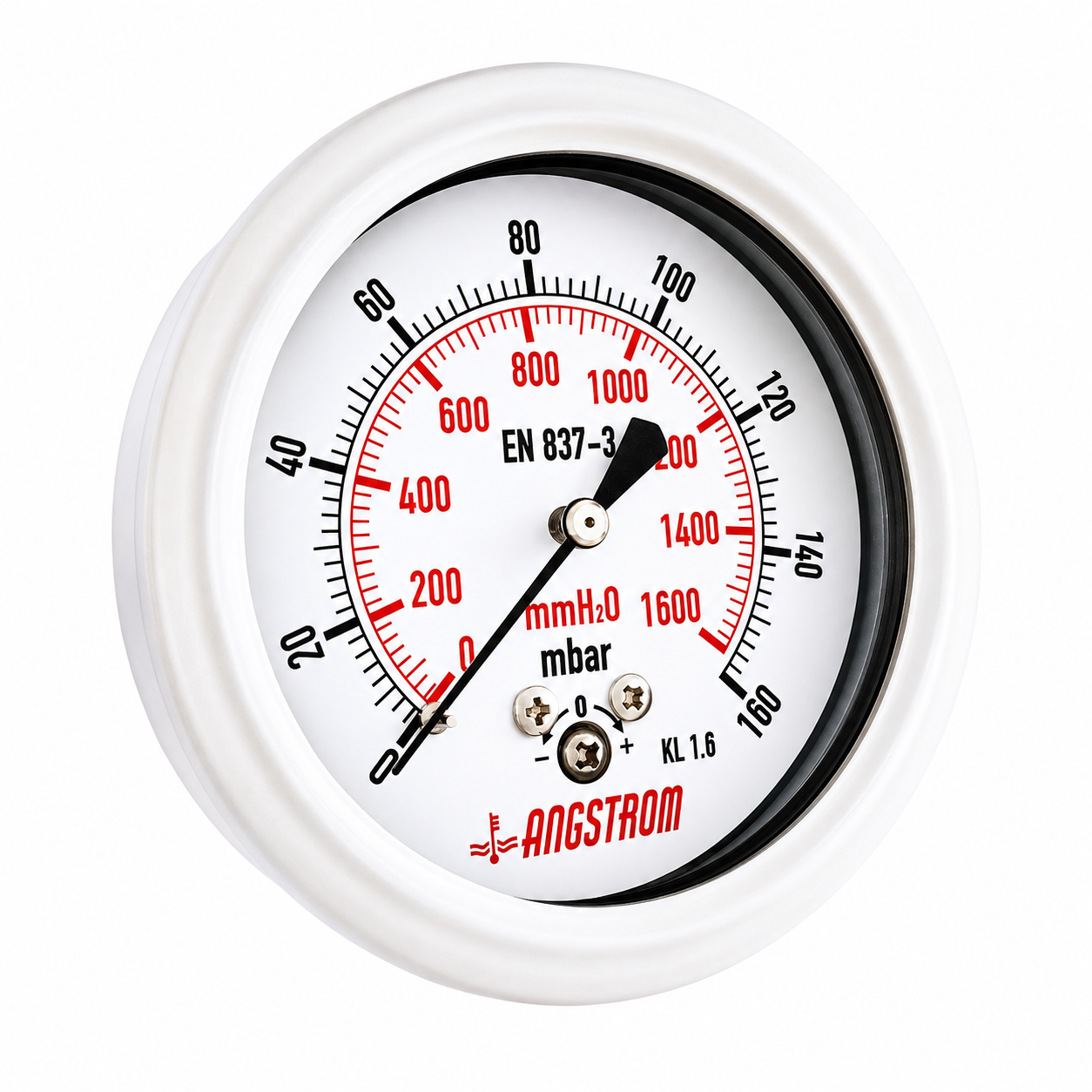 Angstrom Capsule Pressure Gauge Dial 63mm Pressure 160mbar center back mount on white background