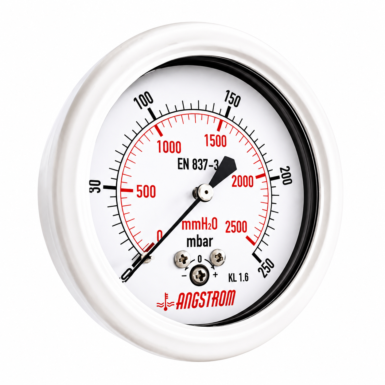 Angstrom Capsule Pressure Gauge Dial 63mm Pressure 250mbar center back mount on white background