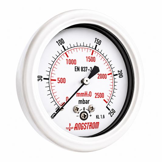 Angstrom Capsule Pressure Gauge Dial 63mm Pressure 250mbar center back mount on white background