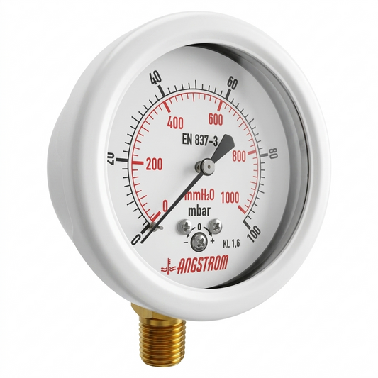 Angstrom Capsule Pressure Gauge dial 63mm pressure range 0 to 100mbar on white background