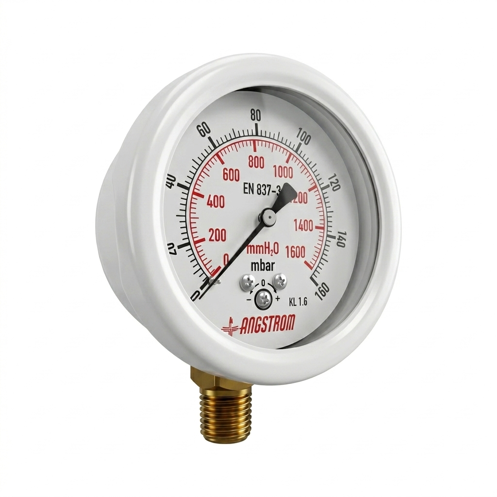 Angstrom Capsule Pressure Gauge dial 63mm pressure range 0 to 160mbar on white background