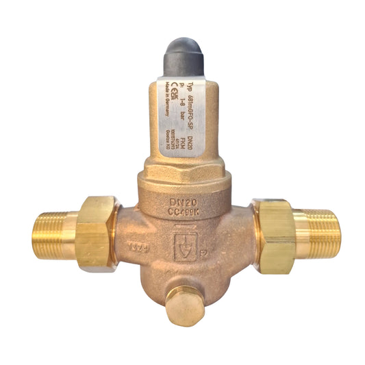 Brass valve with threaded connections on a white background