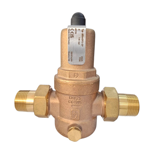 Brass pressure reducing valve with visible branding on a white background