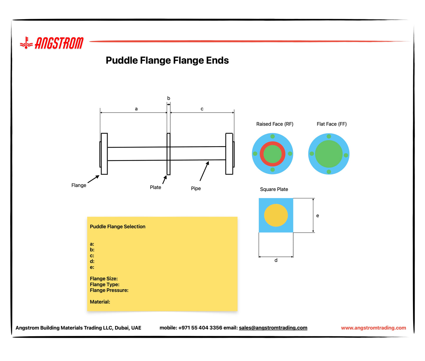 Technical diagram of puddle flange flange ends with Angstrom branding.