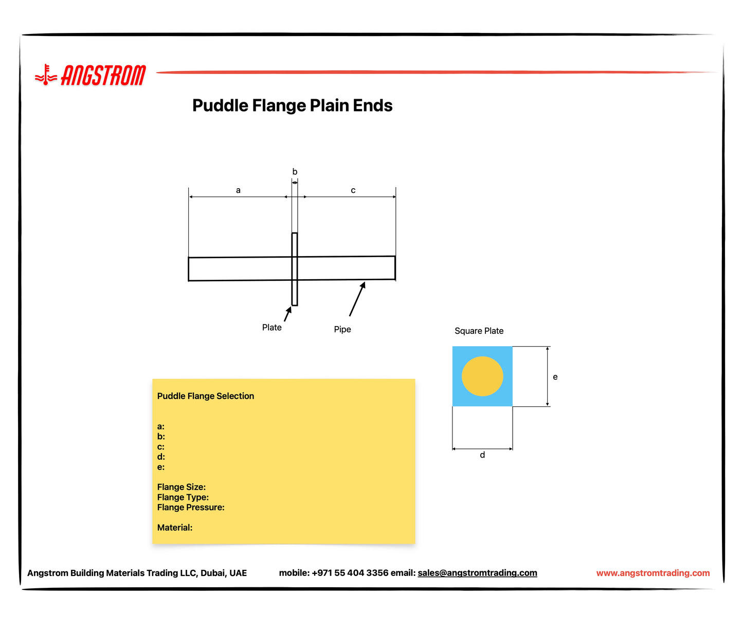 Technical diagram of a puddle flange plain end with Angstrom branding.