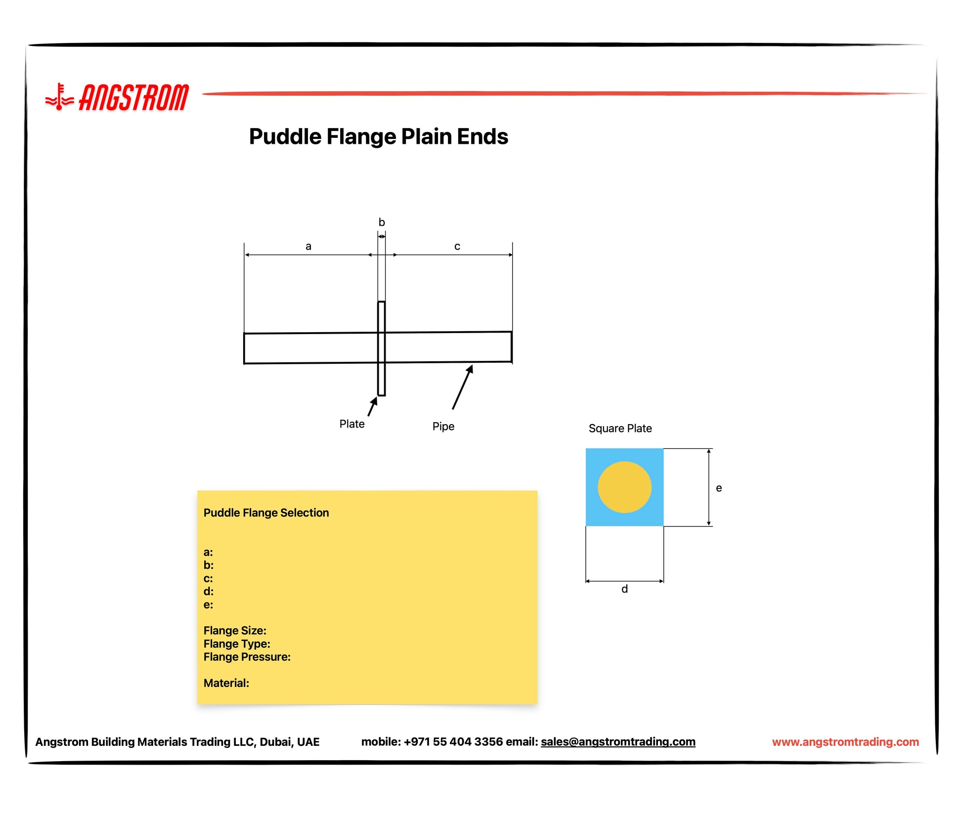 Technical diagram of a puddle flange plain end with Angstrom branding.
