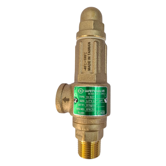 Brass safety valve with a green label on a white background
