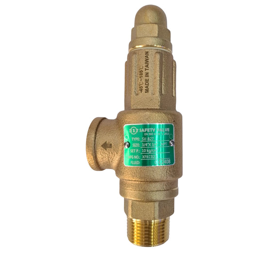 Brass safety valve with a green label on a white background