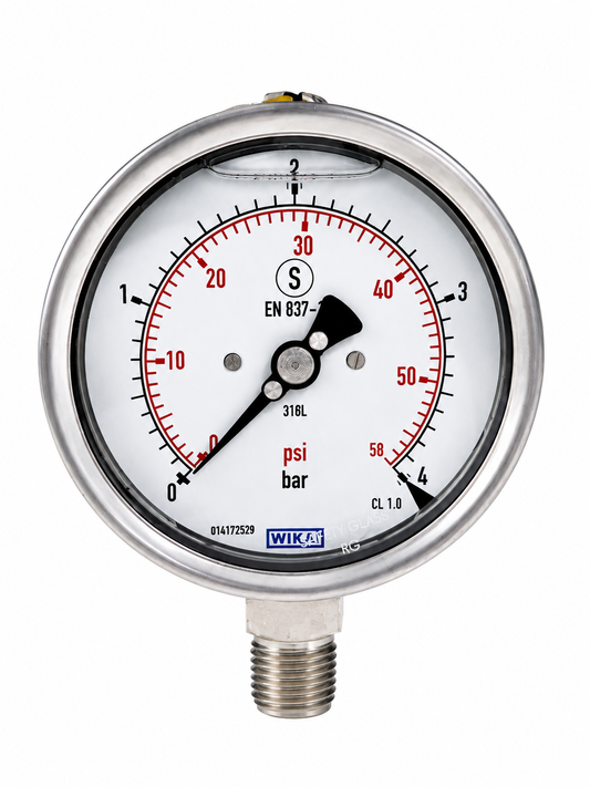 WIKA Full Stainless steel Pressure Gauge Dial 100mm, 0 to 4 bar, Connection 1/2" 