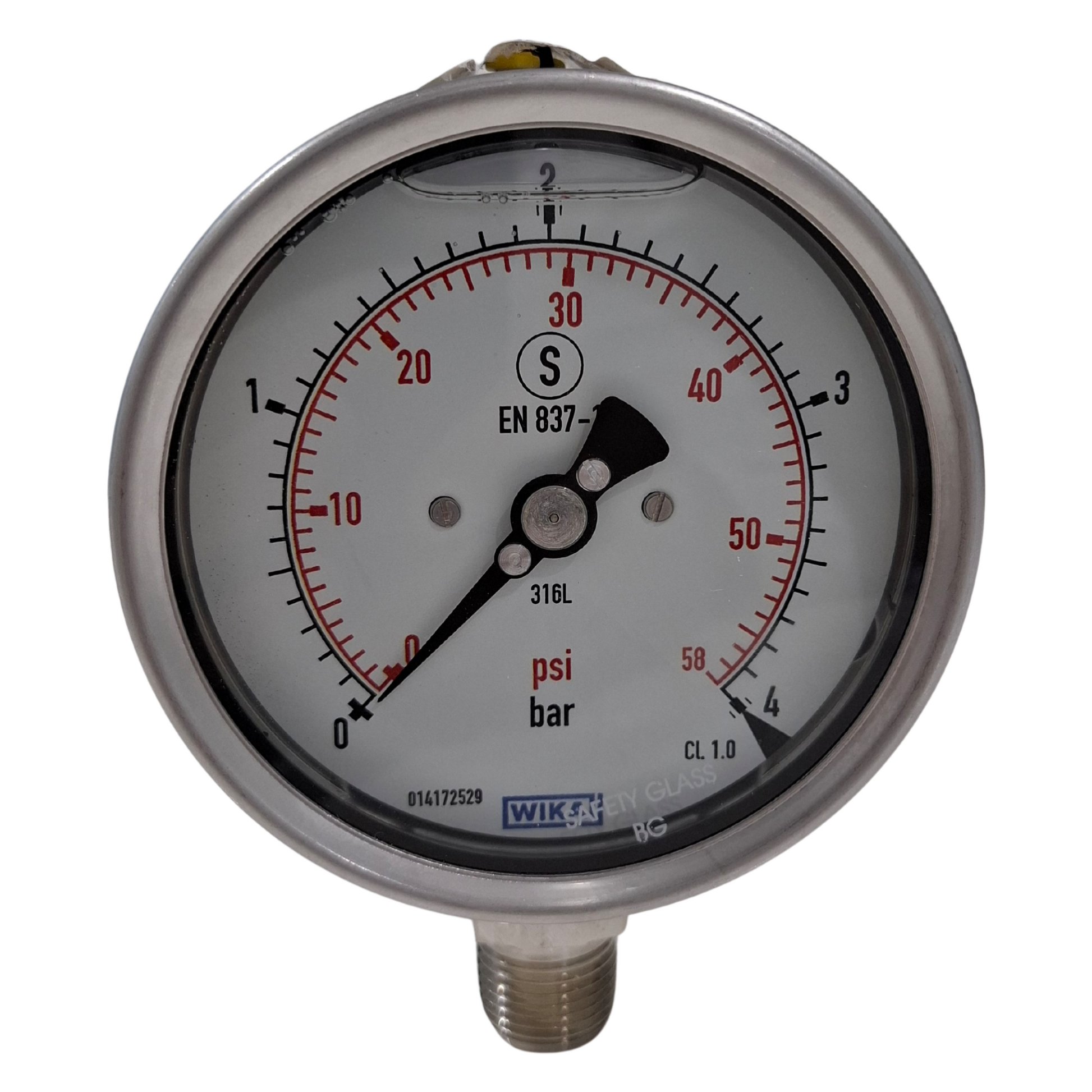 Wika pressure gauge dial 100mm full stainless steel 0 to 4bar on white background 