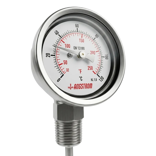 Angstrom bimetal thermometer 0 to 120°C 63mm dial on white background 