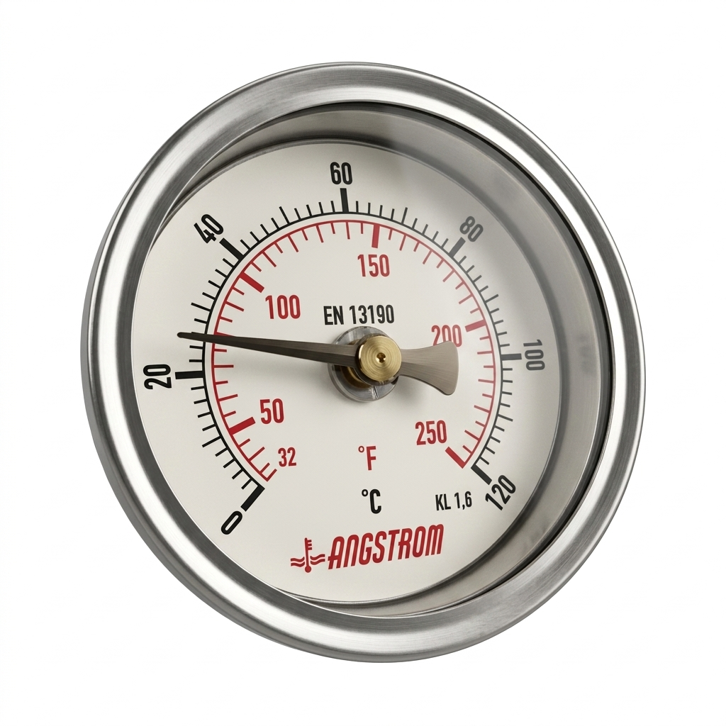Angstrom bimetal thermometer center back mount dial 63mm scale range 0 to 120°C on white background 