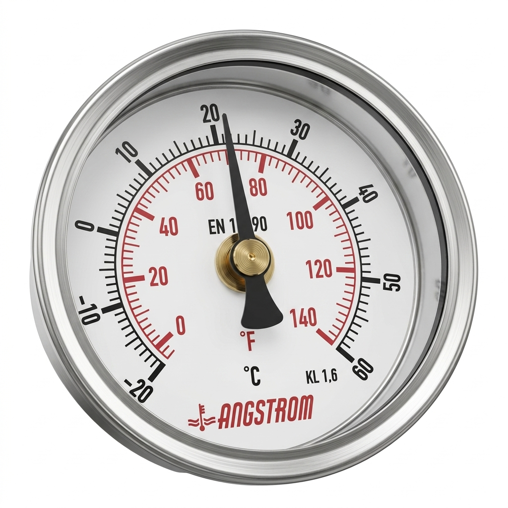 Angstrom bimetal thermometer center back mount dial 63mm scale range -20°C to +60°C on white background 