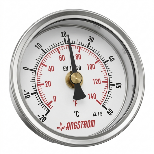 Angstrom bimetal thermometer center back mount dial 63mm scale range -20°C to +60°C on white background 
