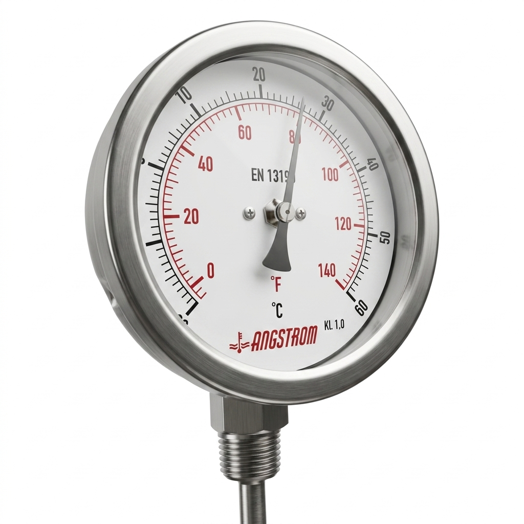 Angstrom full stainless steel bimetal thermometer 100mm dial range -20°C to +60°C on white background 