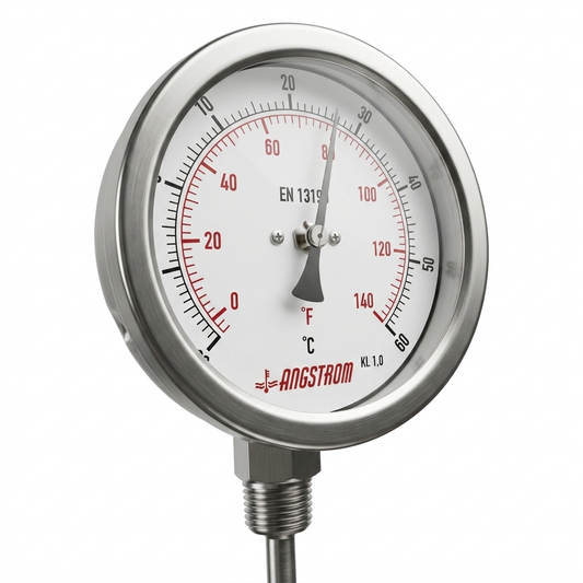 Angstrom full stainless steel bimetal thermometer 100mm dial range -20°C to +60°C on white background 