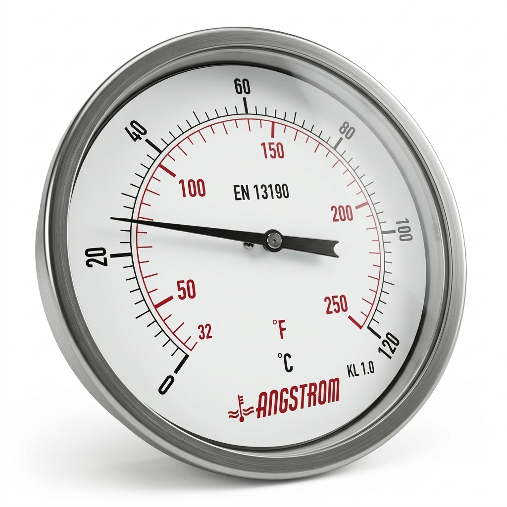 Angstrom bimetal thermometer dial 160mm scale range 0 to 120°C on white background