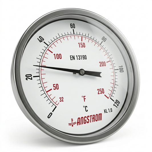 Angstrom bimetal thermometer dial 160mm scale range 0 to 120°C on white background