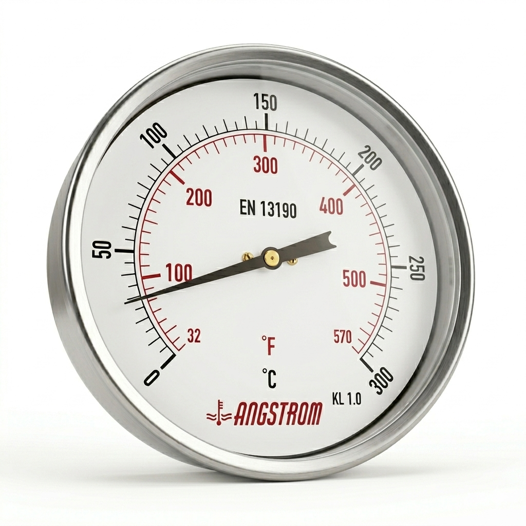 Angstrom bimetal thermometer dial 160mm scale range 0 to 300°C on white background