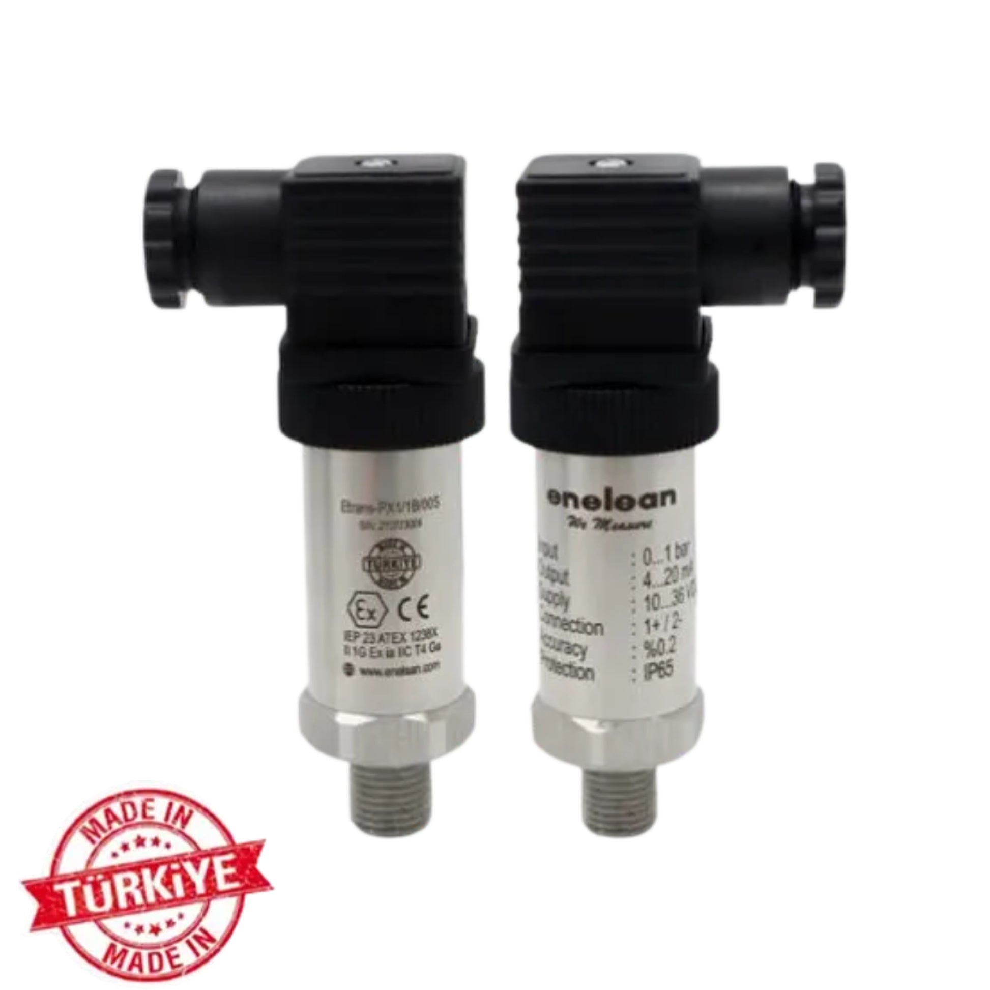 Two Enelsan pressure transmitters on a white background, featuring a 'Made in Turkey' stamp.