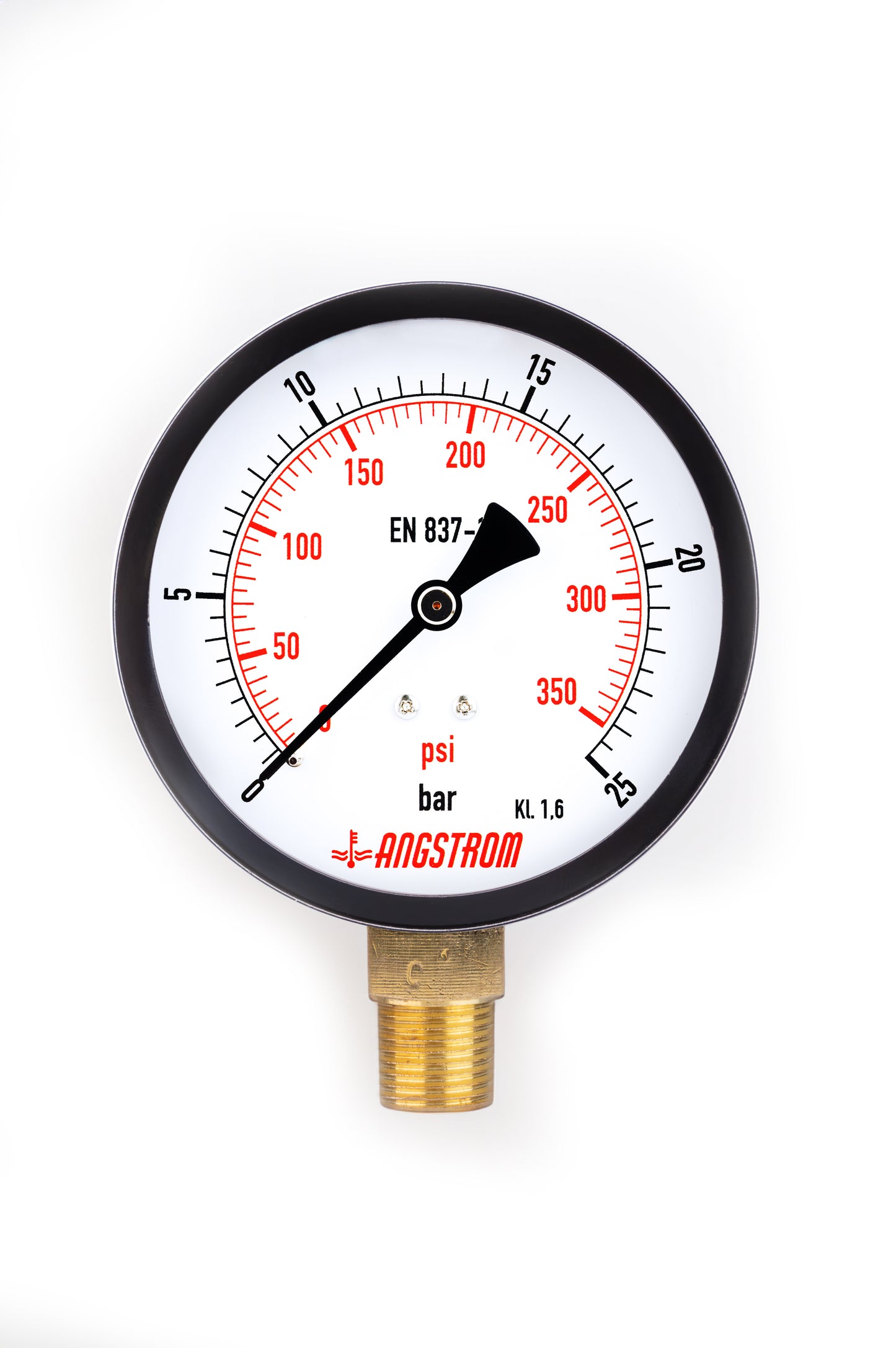 Angstrom Pressure Gauge Dial 100mm Pressure 25 bar Lower Mount Black Steel  on white background