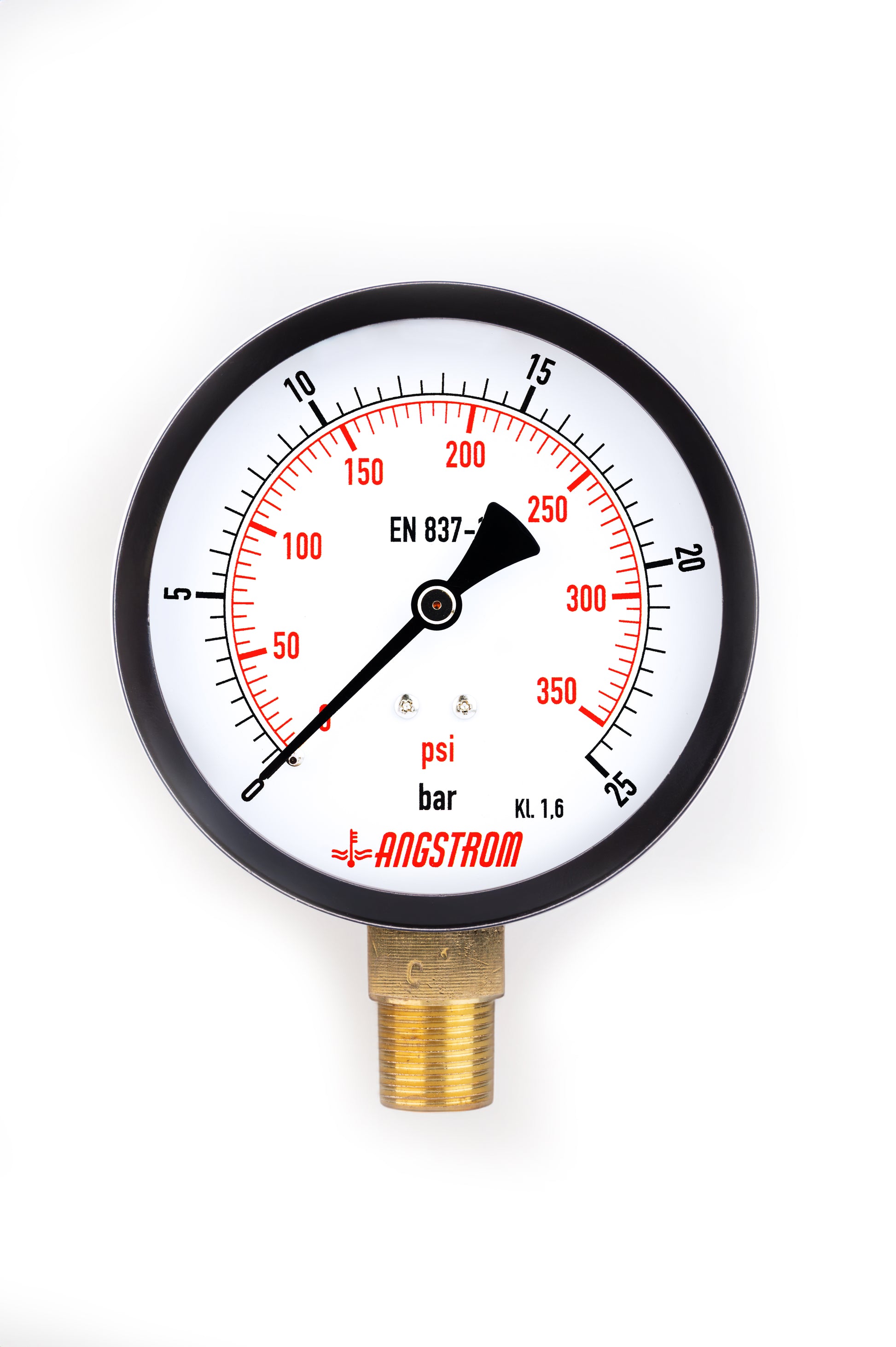 Angstrom Pressure Gauge Dial 100mm Pressure 25 bar Lower Mount Black Steel  on white background