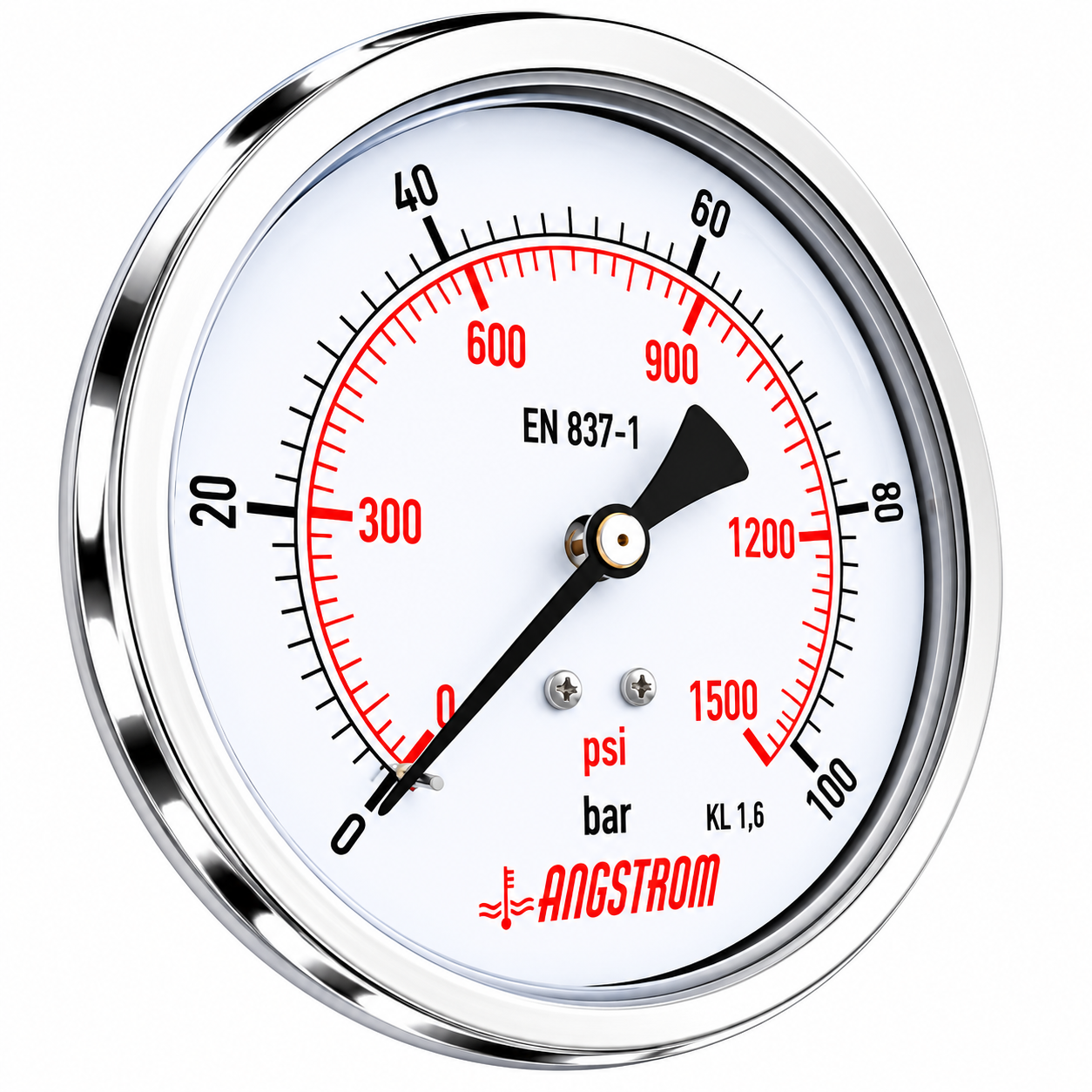 Angstrom compound pressure gauge, dial 100mm, 100 bar center back mount on a white background